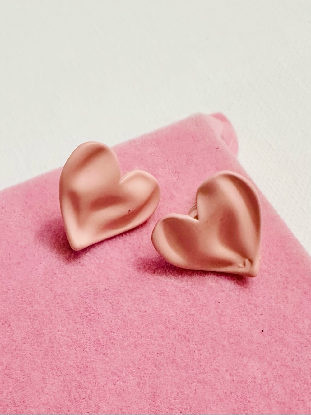 Blush Pink Satin Heart Stud Earrings - Picture 2 of 2